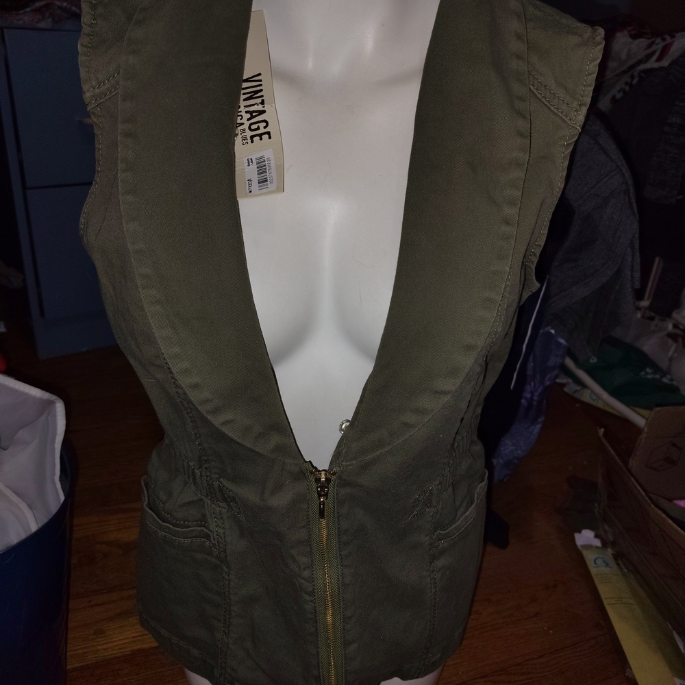 NWT Vintage America Green Zipper Vest W/Removable Fur Trim - Picture 10 of 12